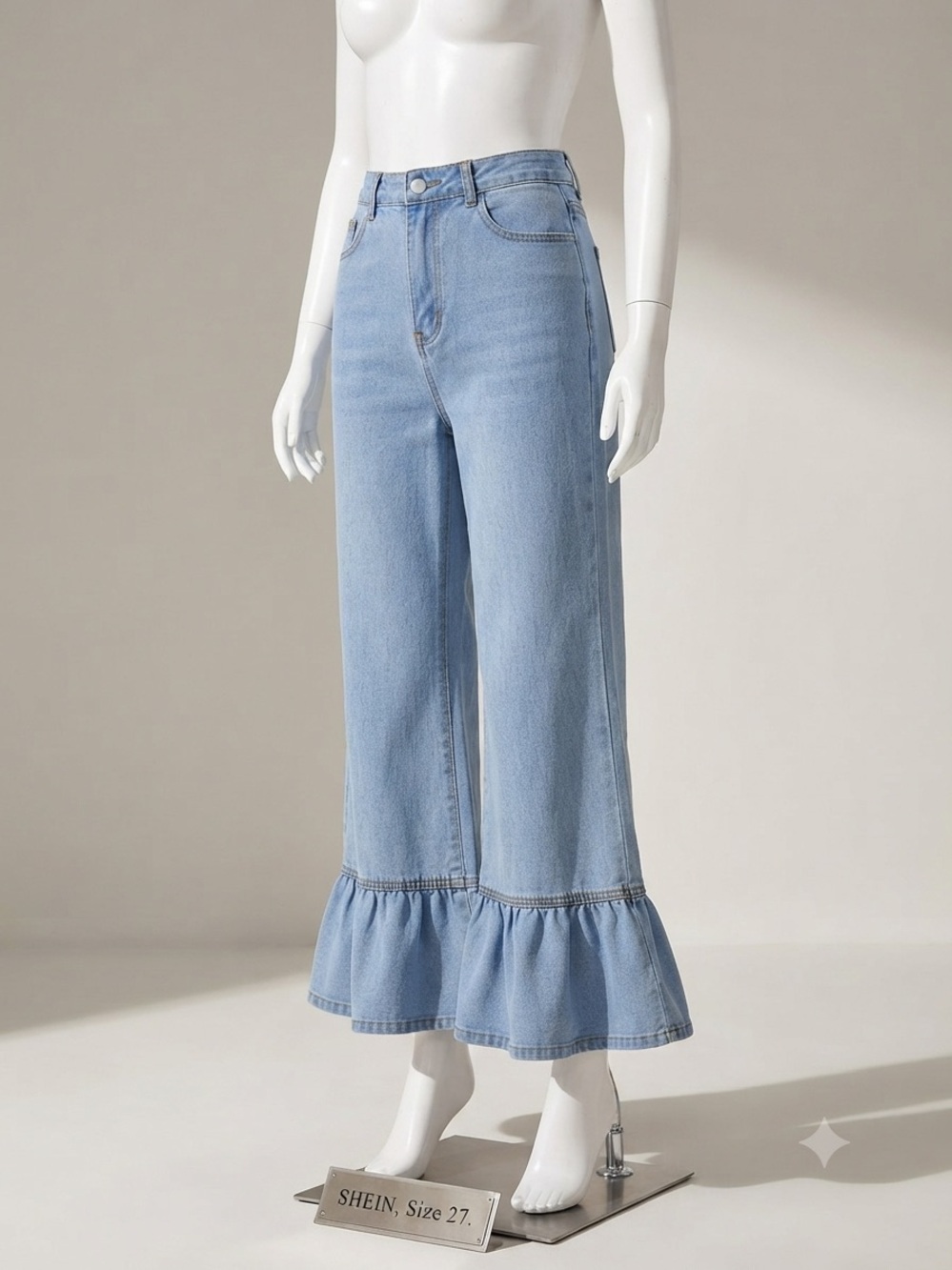 SHEIN Light Blue Flared Ruffle-Hem Wide Leg Jeans
